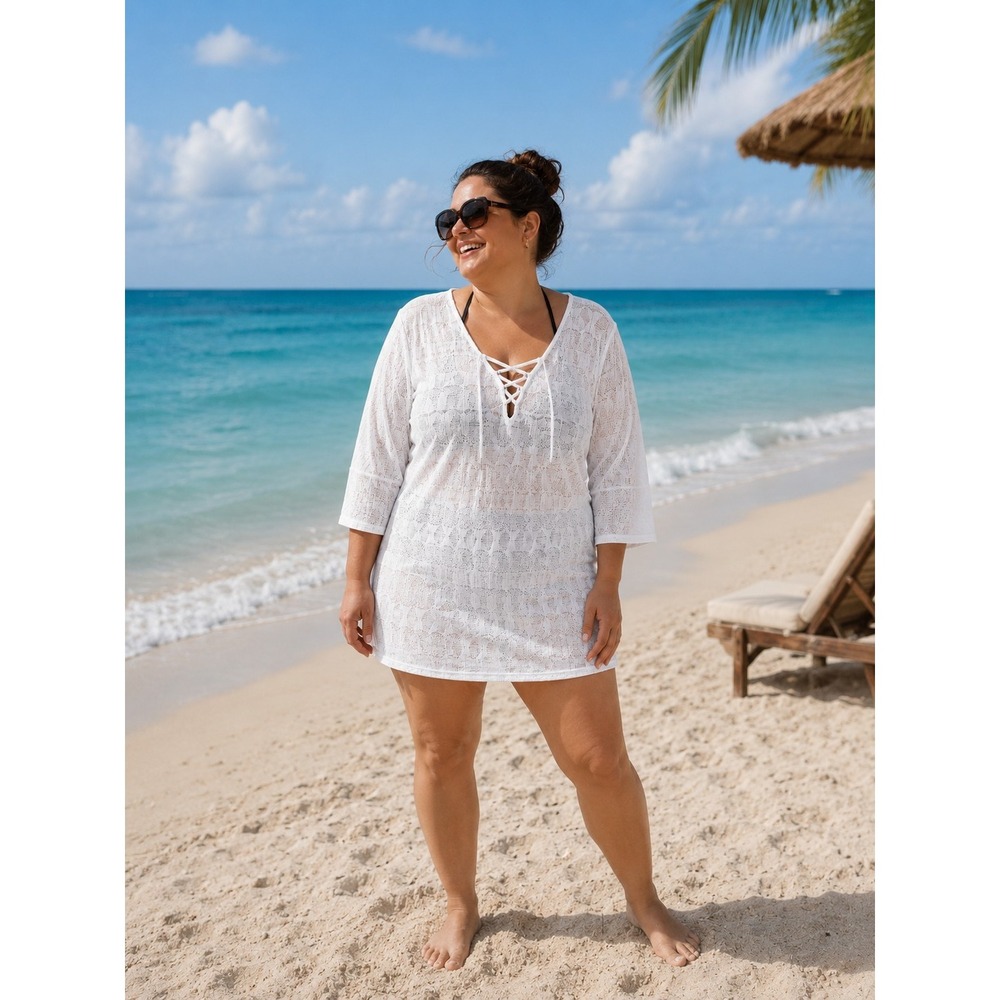Women's Porto Cruz White Lace 3/4 Sleeve Beach/Pool Cover-Up Tunic Dress Size L